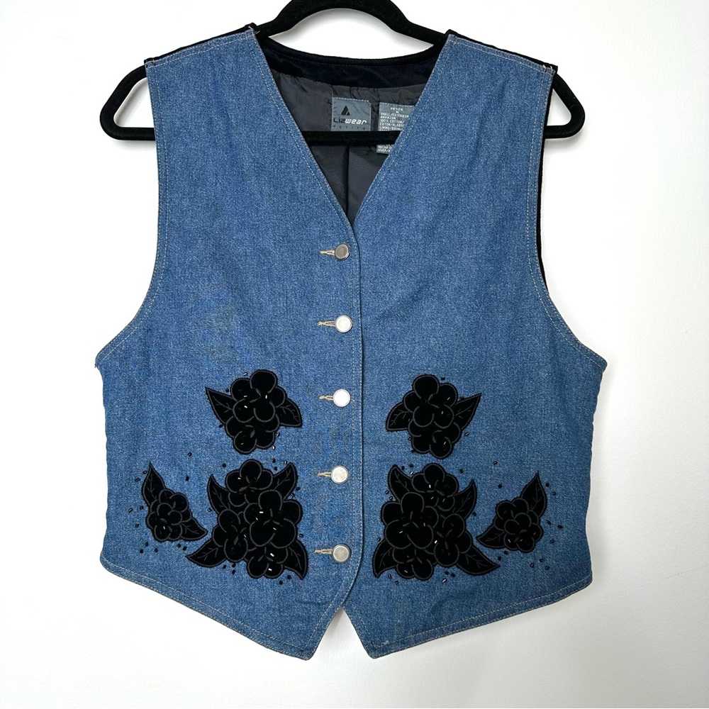 Vintage Liz Wear Western Boho Black Velvet Beaded Rose Countrycore Denim Vest